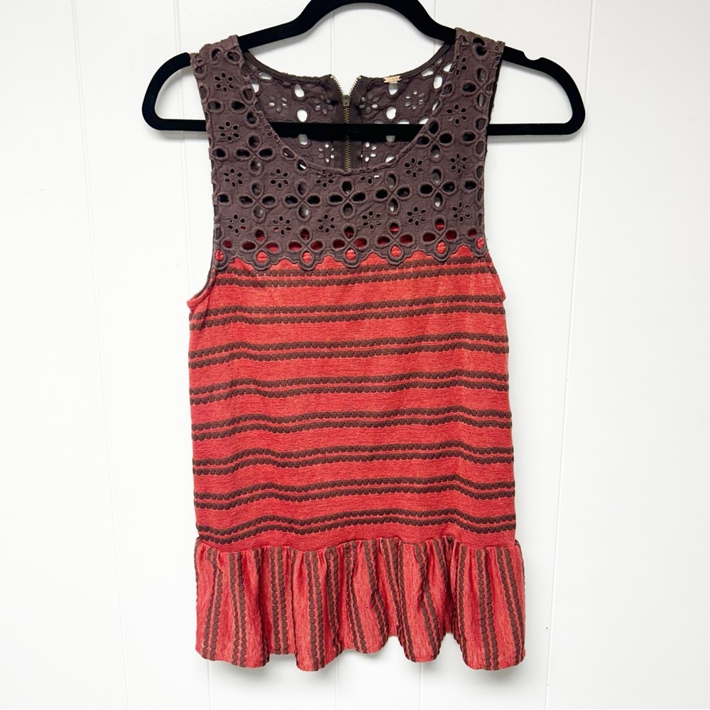 Free People Chocolate Eyelet Striped Molly Retro Peplum Sleeveless Top XS
